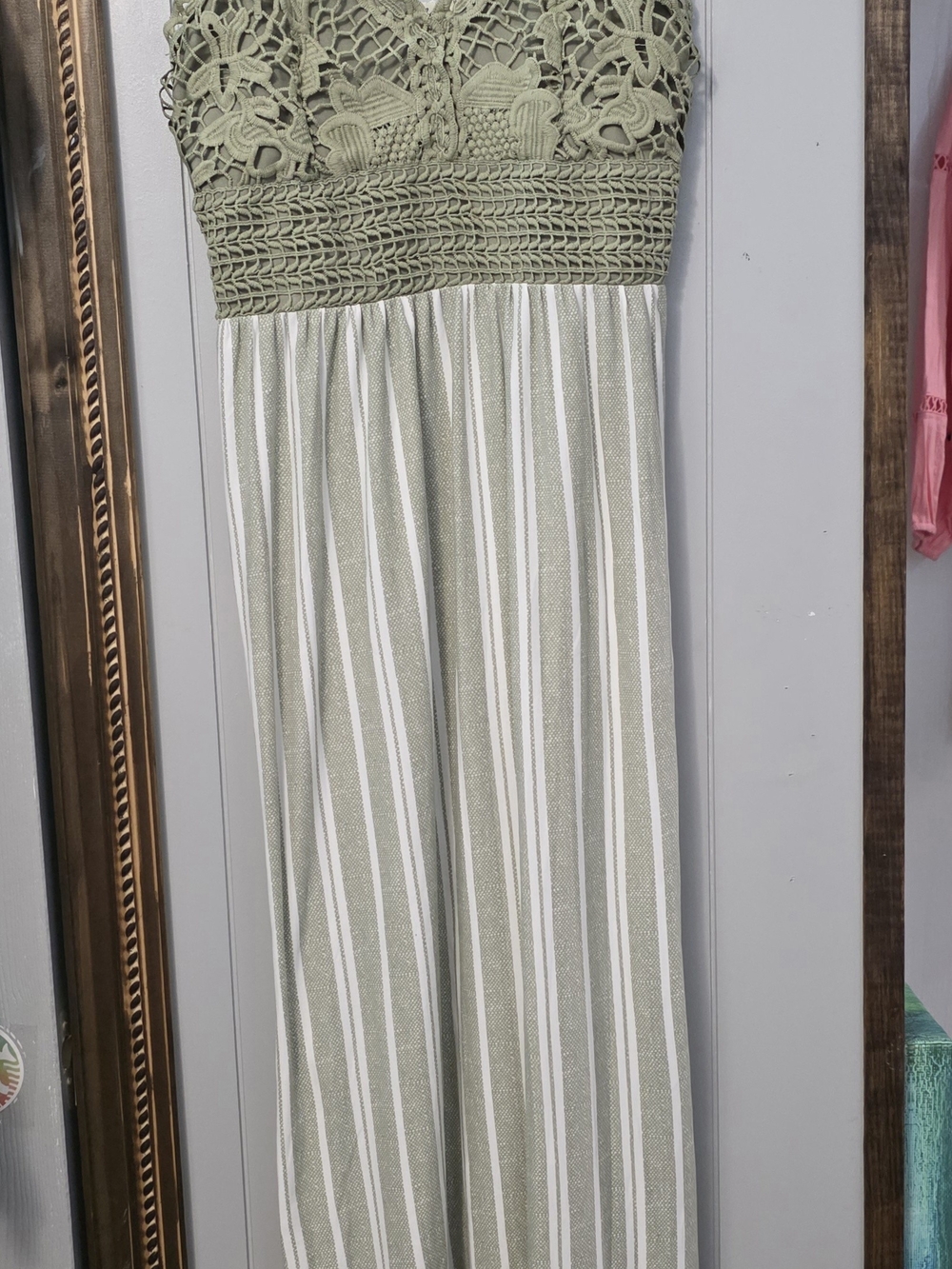 Derek Heart Olive Green Crochet Bodice Striped Maxi Dress